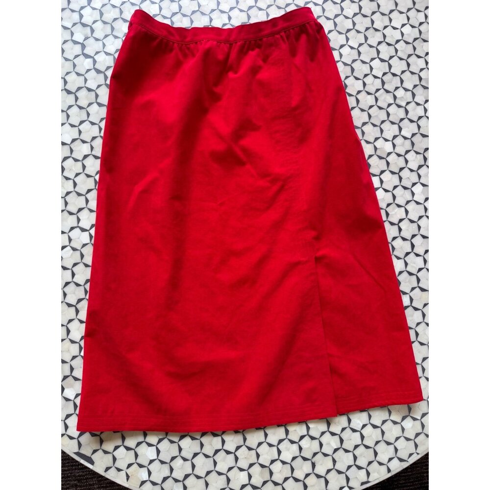Vintage Red Ultrasuede Skirt Elastic Waist Knee-Length A-Line Side Slit Womens